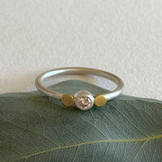 A silver ring with a diamond-cut cubic zirconia in the center, flanked by two brass dots, placed on a green leaf.