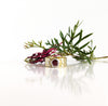A silver ring with a round garnet in a raised bezel setting, accompanied by a yellow brass band.